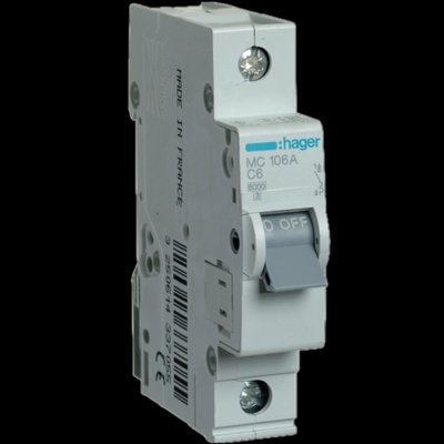 Hager MC106A Автоматичний вимикач 1P 6kA C-6A 1M 30849 фото