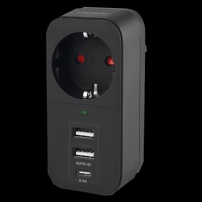 VIDEX ONCORD з/з 1п 2.4A 2USB+USB-C Black Мережевий адаптер з заземленням 32141 фото