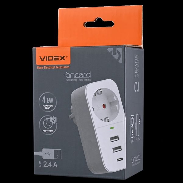 VIDEX ONCORD 1п 2.4A 2USB+USB-C Сетевой адаптер Type-C с заземлением 32140 фото